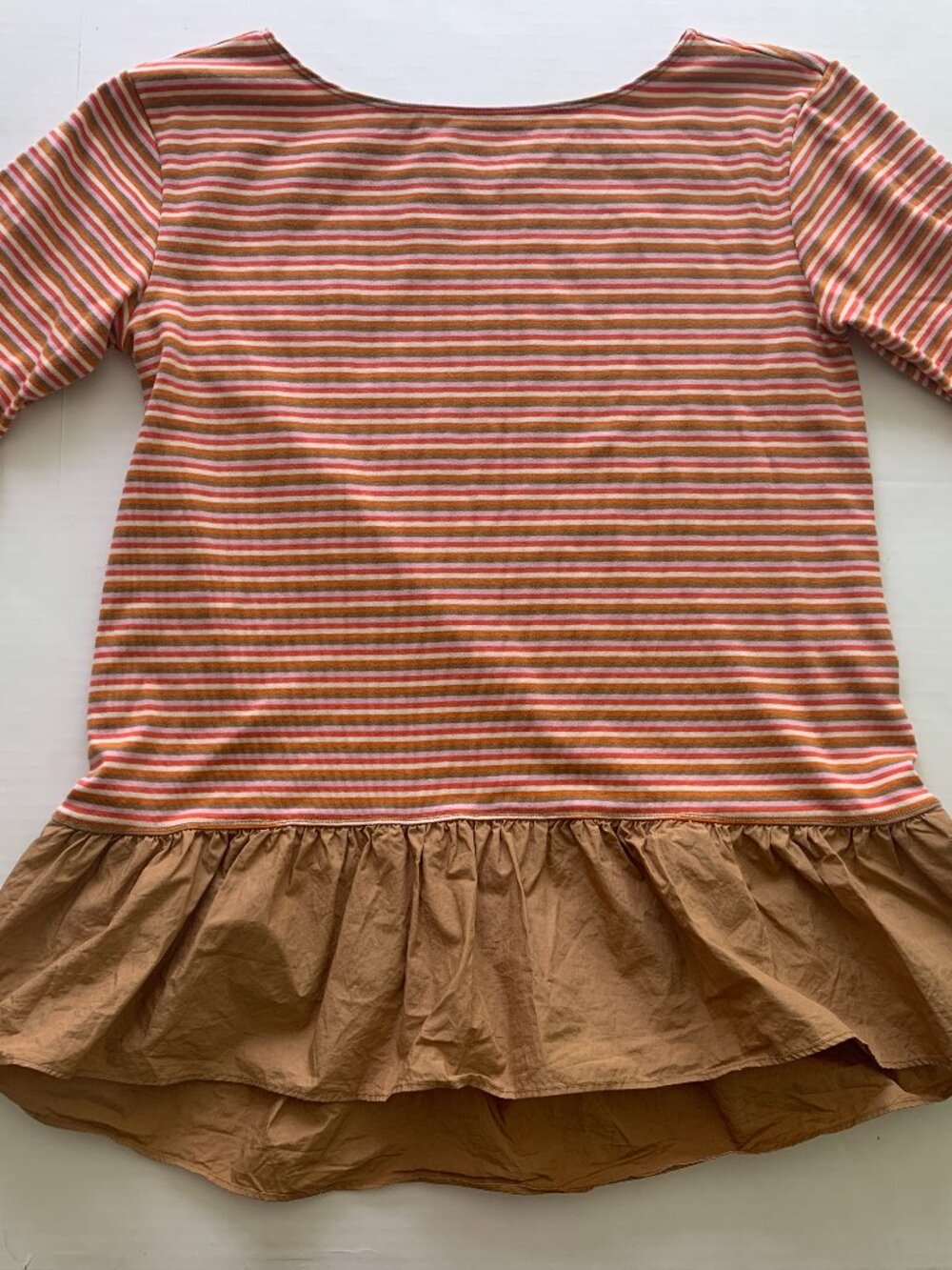 Maeve Anthropologie Striped Peplum Top Ruffle Hem Boho Tee Orange Pink Sz S